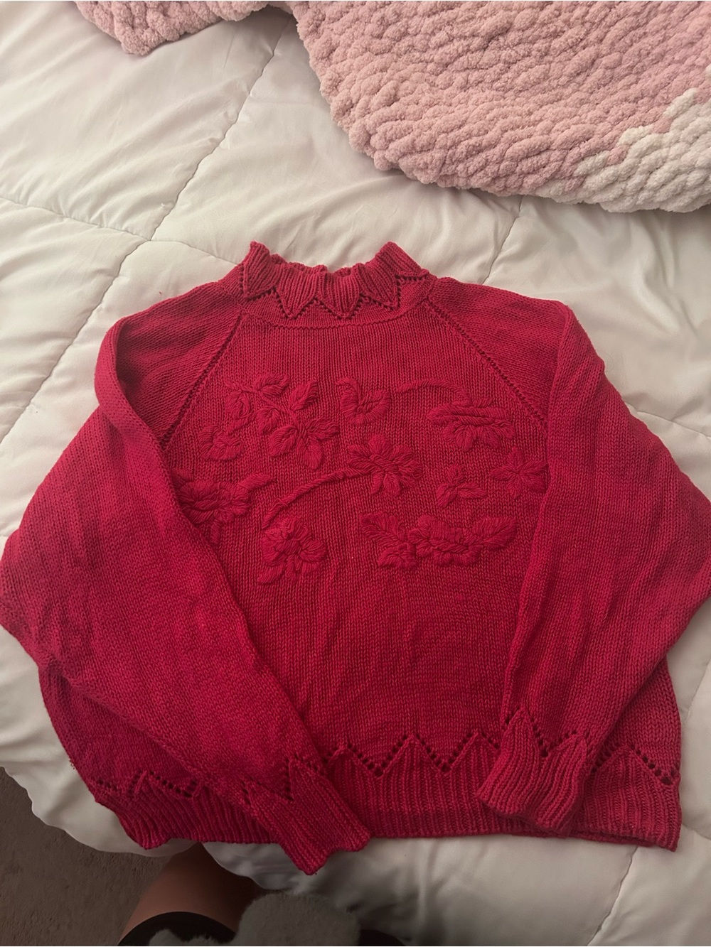 Vintage 1980s Knitted Floral Mockneck Eyelet Petite Sweater by Diversity Sport